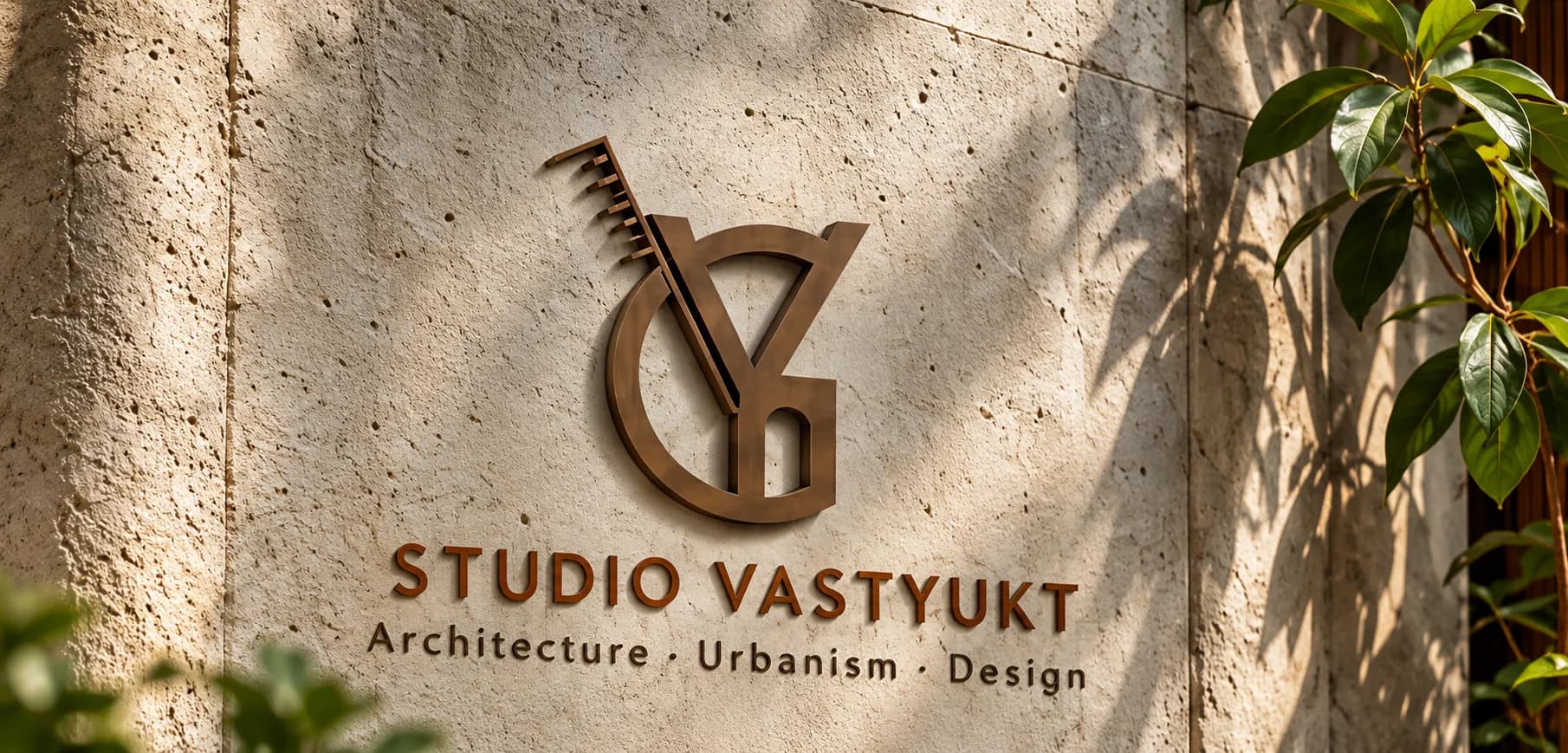 Studio Vastyukt logo on a lime-plaster wall dappled with leaf shadows